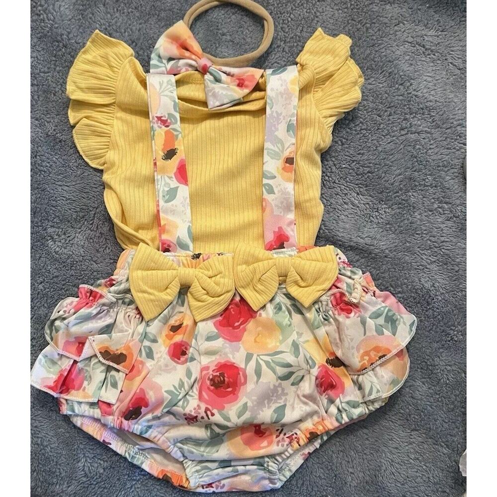 Baby Girl Floral Romper Short Sleeve Bodysuit Ruffled Bottom Size 12-18 Month B7